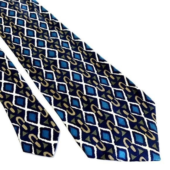Martin Wong Green Teal Abstract Print Geometric Short Wide Silk Tie - Picture 1 of 6